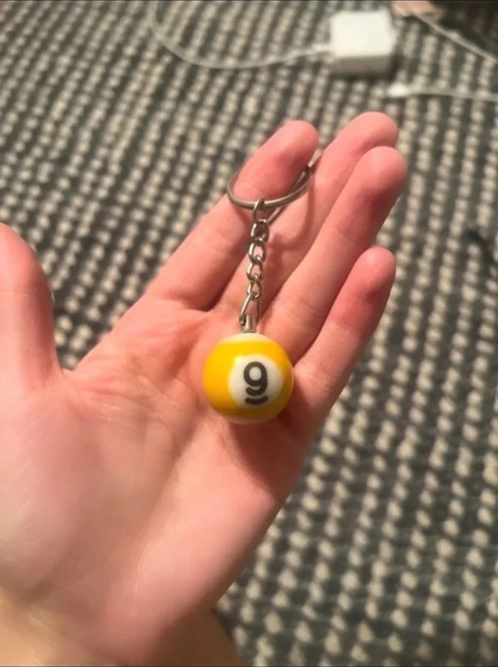 Number 9 Pool Ball Keychain in Yellow & White Like New